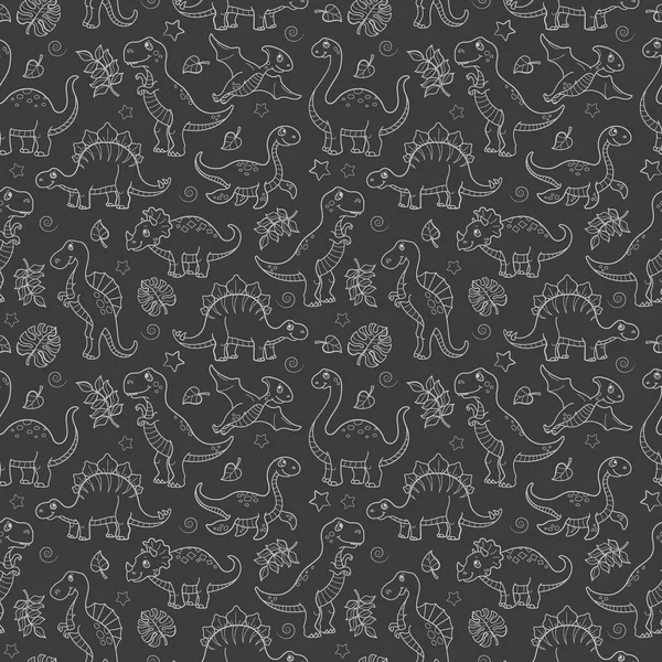 Dinozorlar ve yapraklarla kusursuz desen, karanlık arka planda ışık şekilli hayvanlar.