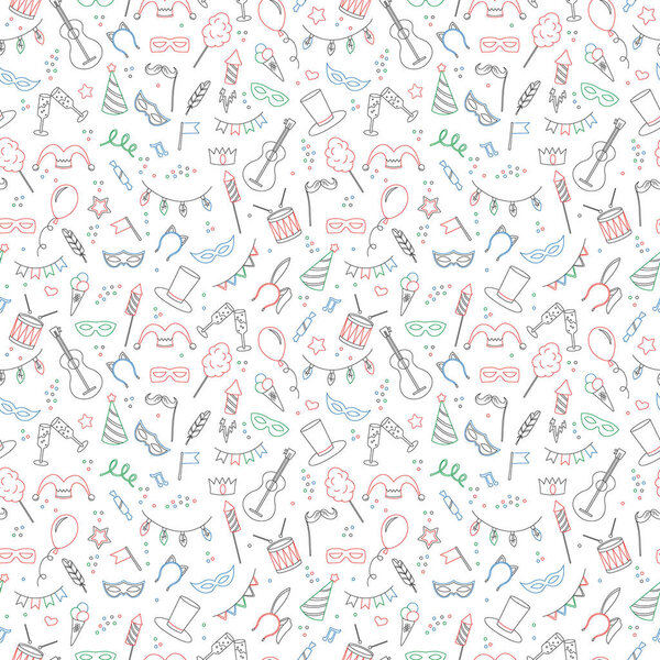 Seamless pattern on the theme of masquerade and carnival , simple colored contour icons on white background