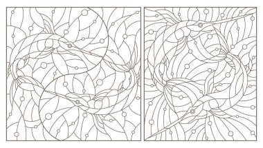 Balık kılıçlı vitray çizimleri, beyaz arka planda koyu renk hatlar.