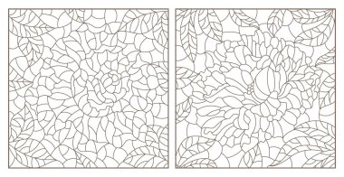 Soyut şakayık ve gül çiçekleri ile renklendirilmiş cam tarzında çizimler, beyaz arka planda koyu çizgiler.