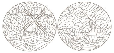 Yel değirmenli boyalı cam tarzında bir dizi çizim, beyaz arka planda koyu hatlar.