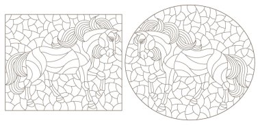 Renkli cam tarzında, arka planda atlar, beyaz arka planda koyu hatlar ve dikdörtgen görüntüler içeren bir dizi çizim.