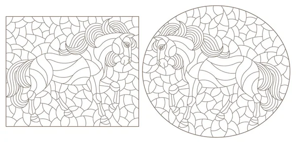 風景を背景に馬とステンドグラスのスタイルで輪郭線のイラストのセット 白の背景に暗い輪郭 長方形の画像 ベクターグラフィックス