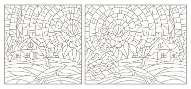 Vitray Windows manzara, bir arka plan doğa yalnız ev kontur çizimleri ayarla
