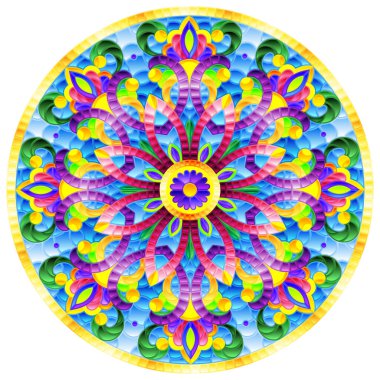 Soyut desenleri ve çiçekleri olan boyalı cam tarzındaki resim, bir çerçevedeki yuvarlak görüntü