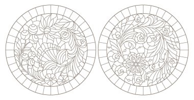 Soyut böğürtlen ve çiçeklerle boyanmış cam tarzında bir dizi çizim, beyaz arka planda koyu hatlar.