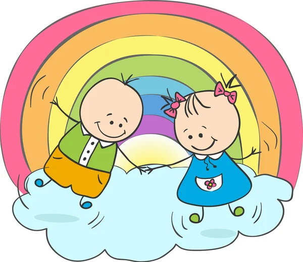 Children having fun under the rainbow — Stock Vector