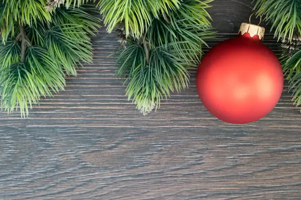 Kerstversiering Het Nieuwe Jaar Houten Kerstachtergrond Met Een Tak Van — Stockfoto