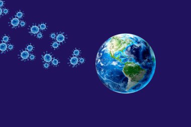 Coronavirus COVID-19 dünyaya saldırıyor. Coronavirus 2019-NCoV virüsü Dünya 'ya saldırdı. Soyut düşük çokgen gezegen Dünya ve virüs hücreleri. 