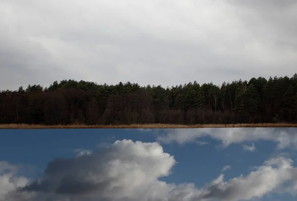 Nehir Kenarındaki Sessiz Orman Nehrin Yansımasında Bulutlar Mavi Gökyüzü — Stok fotoğraf