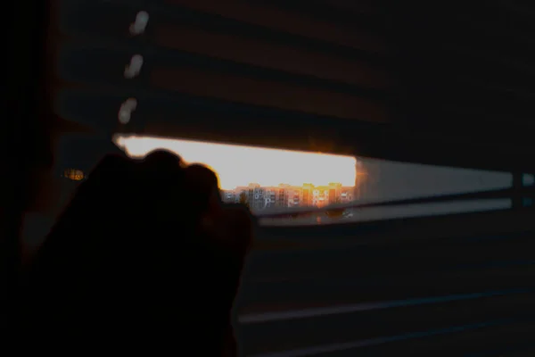 Dawn City Hand Dark Apartment Opens Blinds Abstraction Hope — Stock Photo, Image