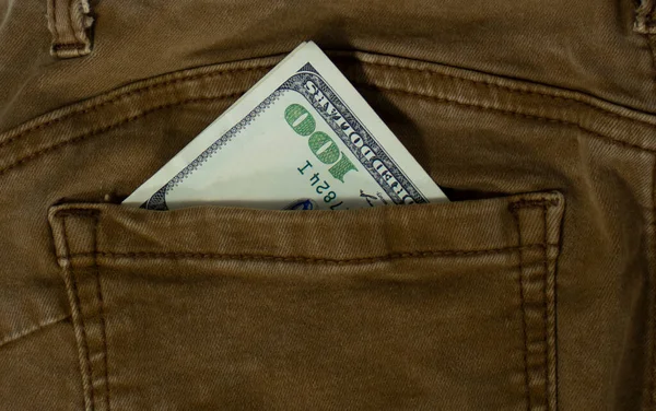 100 Dólares Americanos Bolsillo Trasero Jeans Bronceados Primer Plano Billetes — Foto de Stock