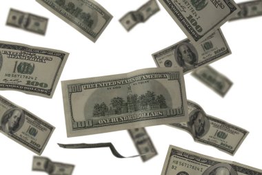 Beyaz arka planda izole edilmiş 100 Amerikan doları banknotları uçuruyor. Düşen dolarlardan gelen yağmur beyaz arkaplanda izole edilmiş.