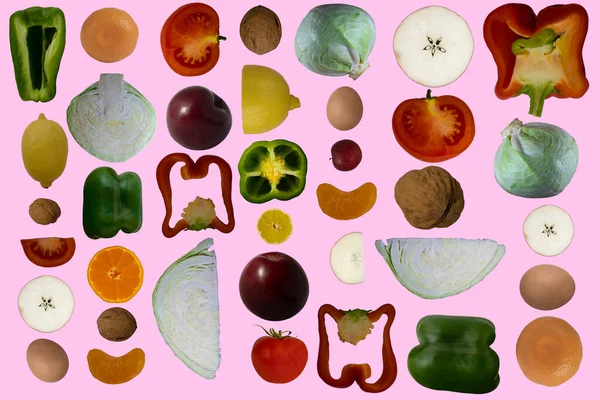Плоская Композиция Свежими Спелыми Овощами Фруктами Цветном Фоне — стоковое фото