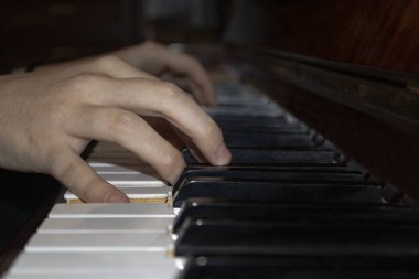 Akşamları piyano çalan mutlu kadının elini kapat. Güzel bulanık arkaplan.