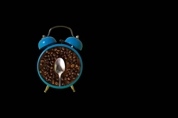 Relógio Alarme Azul Com Café Vazio Dentro Café Quente Despertador — Fotografia de Stock