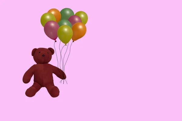 Teddy Red Bear Balloons Place Text Pink Background Birthday Concept — стоковое фото