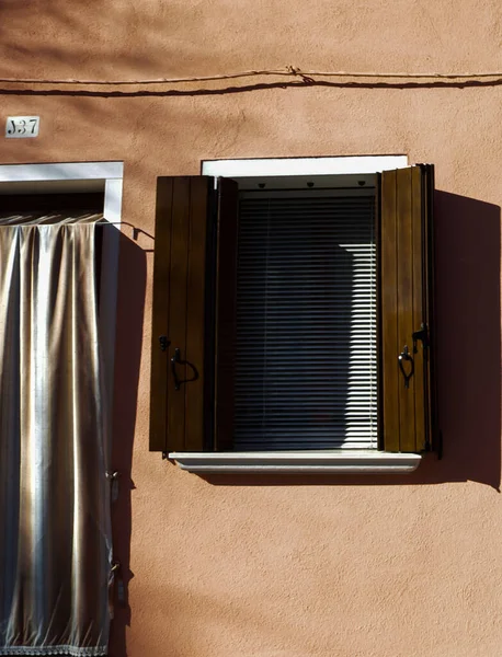 Window Door Wooden Shutters Window Background Beige Wall Afternoon Sunny — стокове фото