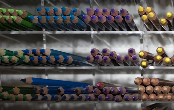 Veelkleurige Potloden Gerangschikt Door Kleur Cellen Plank Van Winkel Verscheidenheid — Stockfoto