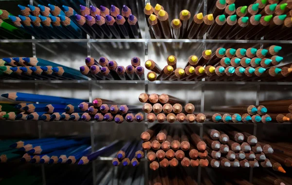 Veelkleurige Potloden Gerangschikt Door Kleur Cellen Plank Van Winkel Verscheidenheid — Stockfoto