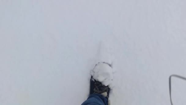 Caminha Neve Mulher Caminhando Neve Profunda Inverno Natureza Pés Homem — Vídeo de Stock