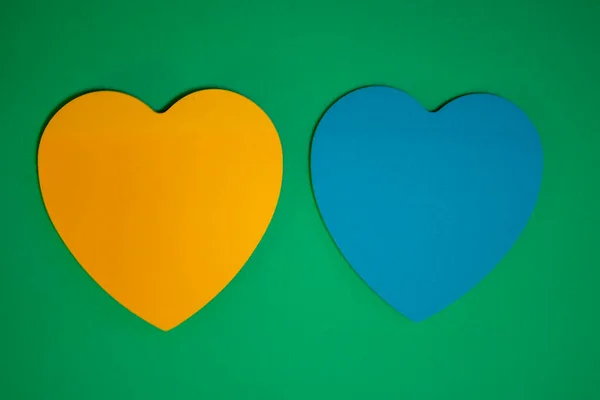 Paper Hearts Background Yellow Blue Paper Heart Green Shadow Colored — 스톡 사진