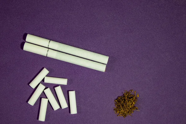 Pile Dry Tobacco Rolled Cigarettes Filters Purple Background Corte Finamente — Foto de Stock