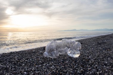 Plajdaki plastik su şişesi. Gönüllü Kavram. Çevre kirliliği. Ekolojik bir sorun. Çevre kirliliği.