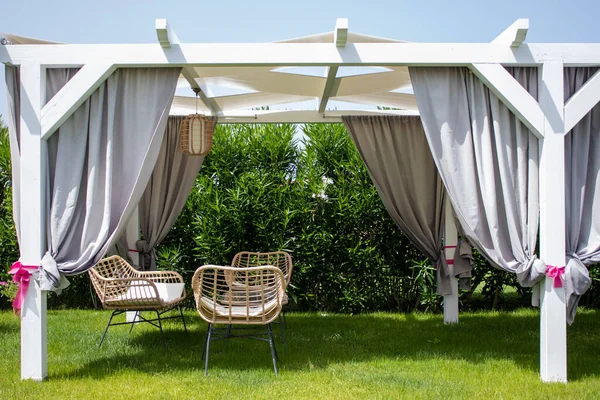 Luxurious Gazebo on the Tyrrhenian Sea in Calabria, Italy. Outdoor Restaurant on the Beach During Vacation.