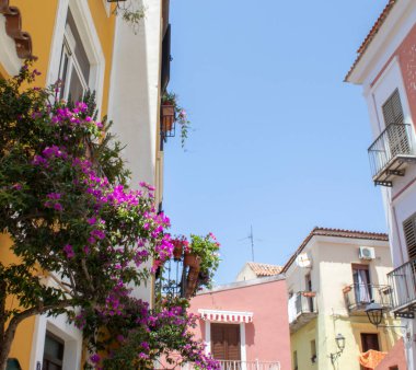 İtalya 'nın Calabria bölgesindeki bir köyde boyalı freskleri olan dar bir sokak. San Nicola Arcella 'nın ortaçağ kasabasındaki eski evlerin arasındaki boş ara sokak..