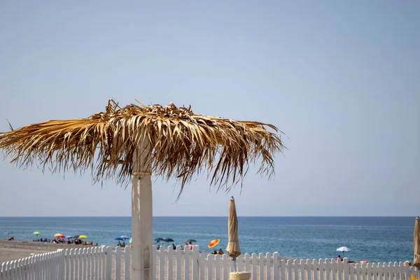 Blue Sky Beach Umbrella Made Natural Palm Leaves Minimal Romantic — Stock Photo, Image