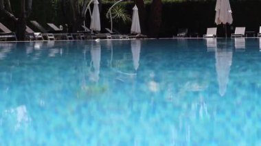 Blue Water in the Pool in the Garden. Beautiful Swimming Pool with Azure Water, Surrounded by Palm Trees and Sun Loungers.
