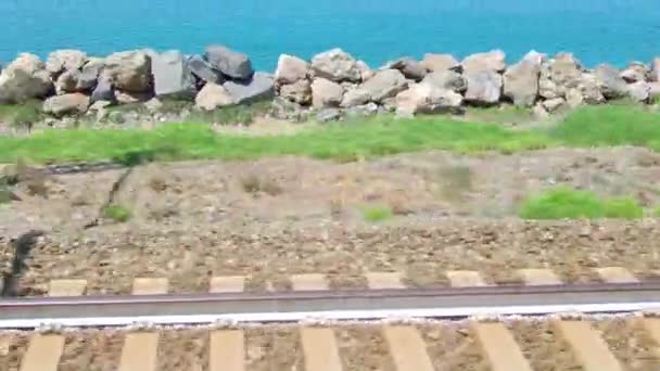 View Rails Background Sea While Train Moving Rails Sleepers Speed — 图库视频影像