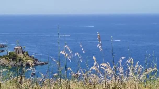 Bird Eye View Shot Old Castle Bay Boats Calabria Crystal — 图库视频影像