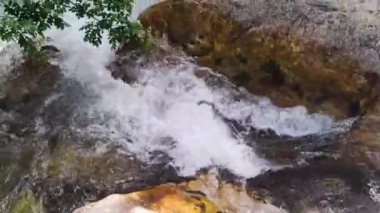Wild Mountain River Flowing Through Stone Boulders, Water, Clear River Flowing in the Forest, in a Nature Reserve in Italy. Mountain River Flowing Between Rocky Shores. 
