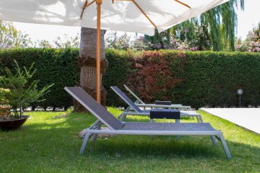 Empty Sun Loungers and Closed Umbrellas in the Morning by the Hotel Pool. Sunbeds Near the Swimming Pool in a Resort. Beautiful Morning Seascape. Sunny and Open Calabria, Italy.