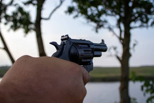 Pistol Hand Men Hands Shoot Pistol Man Presses His Finger — Stok fotoğraf