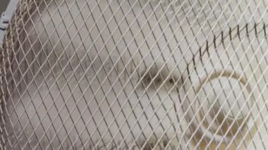 A fan Rotating From Side to Side Blows the Wind. Electric Cooling Fan. High Temperature Fan, Room Cooling. The Wings of the Electric fan-Cooler are Accelerated to Full Speed.