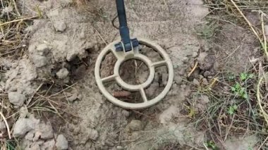 Military Sapper with a Metal Detector in the Field. An Explosive Ordnance Disposal Operation Detects Metal with a Metal Detector.