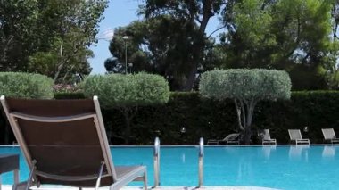 Blue and Shining Water in the Pool Against the Backdrop of Tropical Trees, Palm Trees, Flowers, Sun Loungers. Calm Peaceful Environment. Summer Background. Vacation Concept. Good Place to Relax With the Whole Family.