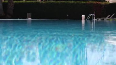 Blue and Shining Water in the Pool Against the Backdrop of Tropical Trees, Palm Trees, Flowers, Sun Loungers. Calm Peaceful Environment. Summer Background. Vacation Concept. Good Place to Relax.