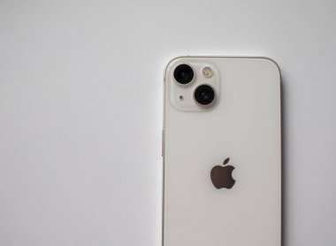 Zhytomyr, Ukraine, August 20, 2022: Iphone 13 pro Mockup, White Screen Smartphone Mockup, Mobile Phone Close up. New iPhone 13 Pro Design. Stylish Look of the New IPhone with a Metal Body and Cameras.