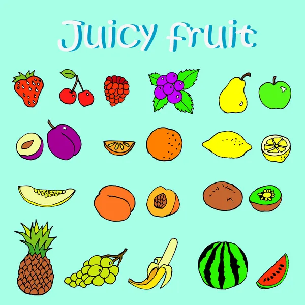 Set of hand drawn juicy fruits and berries — Stock Vector