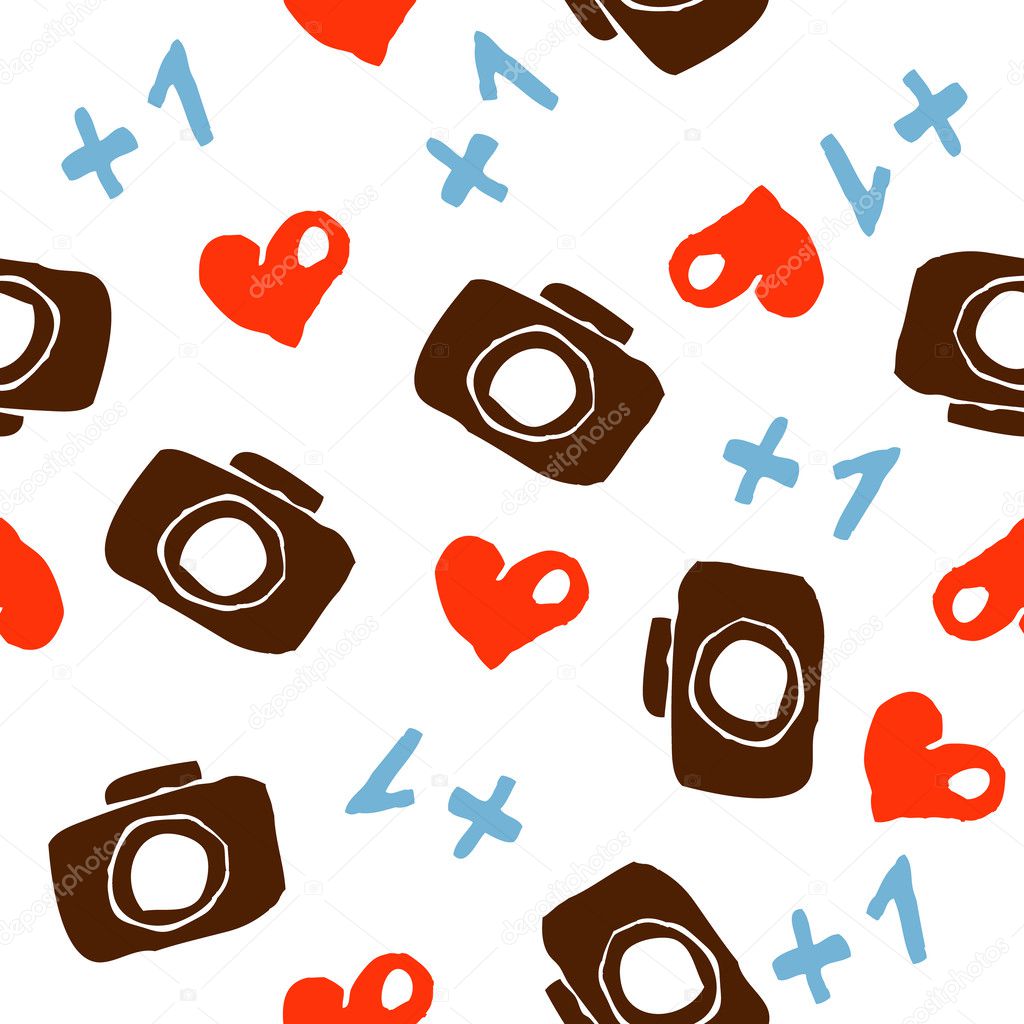 Seamless background with heart and camera patterns.