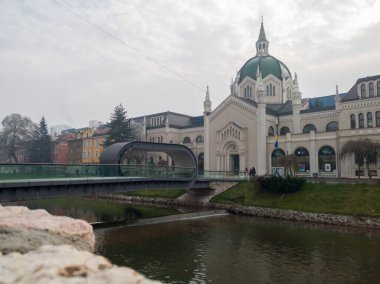 Saraybosna 'daki Miljacka Nehri üzerindeki Güzel Sanatlar Akademisi ve Festina Lenta Köprüsü