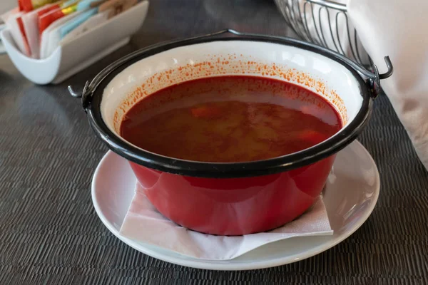 Goulash Hungarian Traditional Meal Metal Bowl — Stock Photo, Image