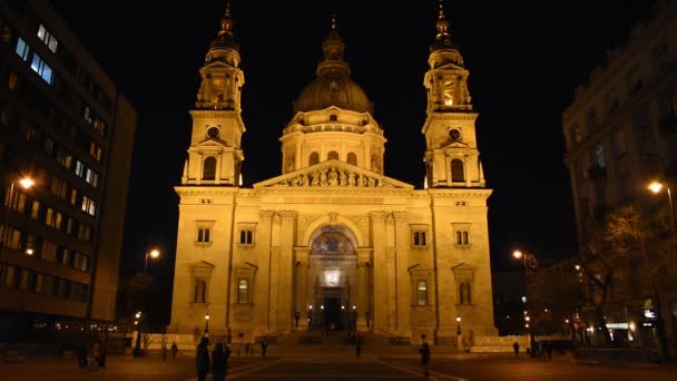 Sankt Stefansbasilikan Upplyst Natten Budapest Ungern — Stockvideo