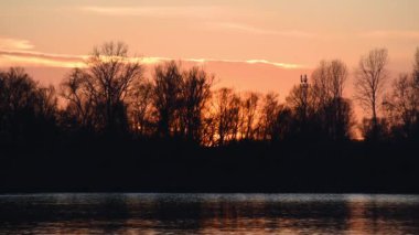 Günbatımı bulutları yapraksız orman siluetinin arkasında - huzurlu manzara