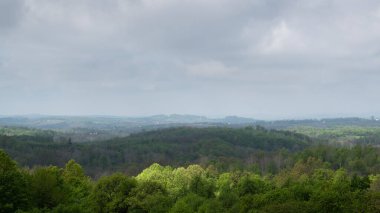 Parlak güneş yamasıyla kasvetli bir sabah, verimli ormanlarla kaplanmış tepelik bir arazi.