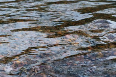 Temiz şeffaf dere çakıl taşlarının üzerinden akıyor. Yakından dalgalı su yüzeyi.